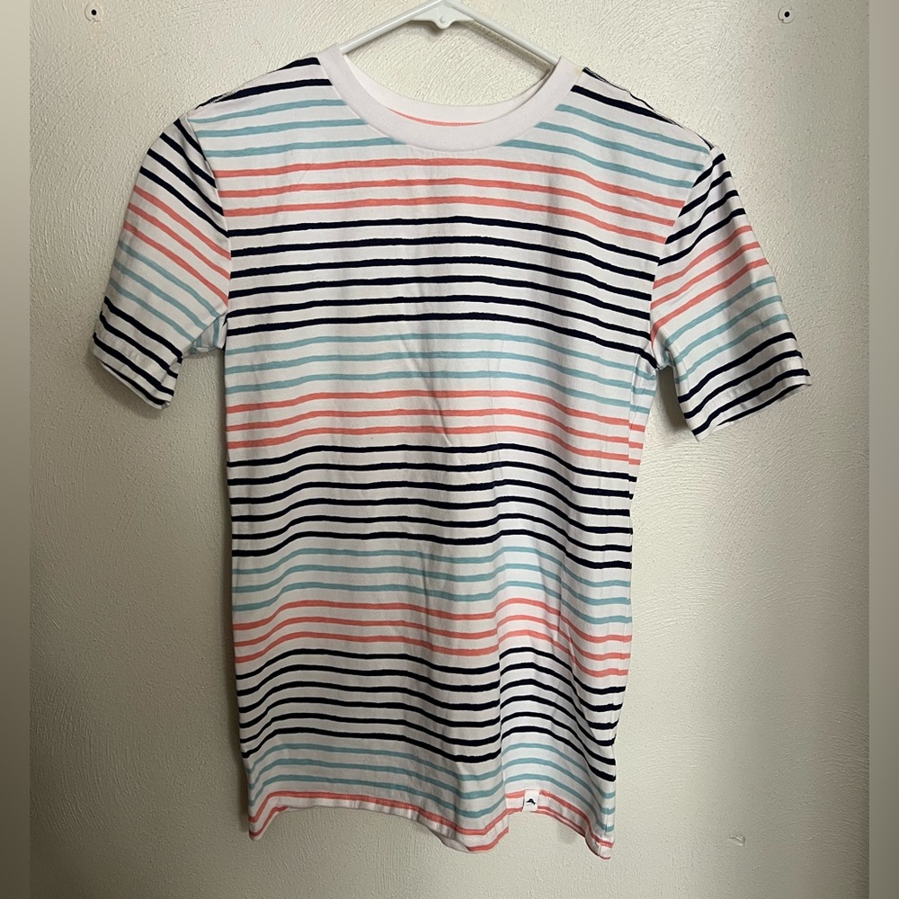 TOMMY BAHAMA Classic Striped Preppy T Shirt White Teal‎ Navy Blue Orange Boy's L